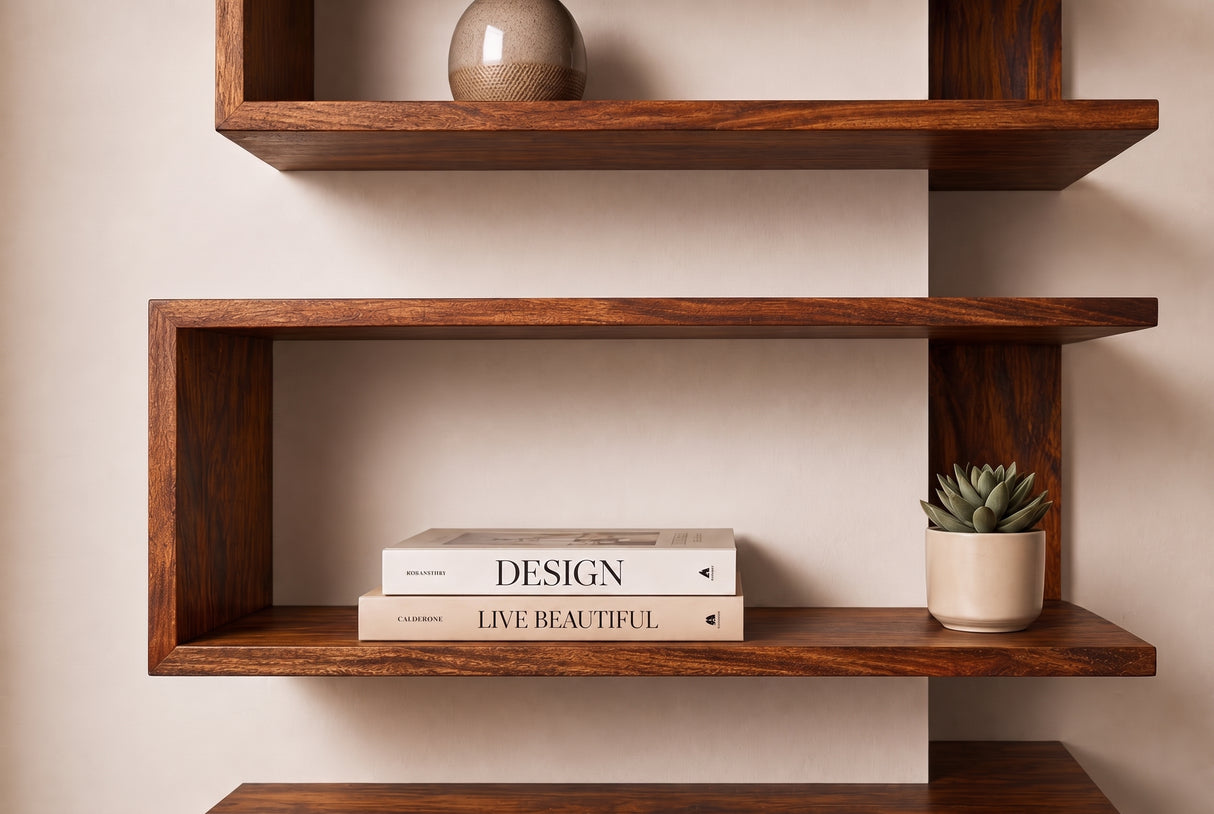 Corner shelf SURREAL 55/60/65cm set of 3 sheesham wood brown stone finish