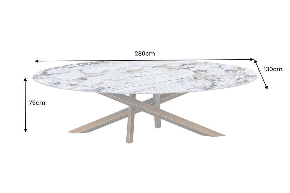 Dining table SCULPTURE 280cm oval bronze frame w/ ceramic top multicoloured marble look