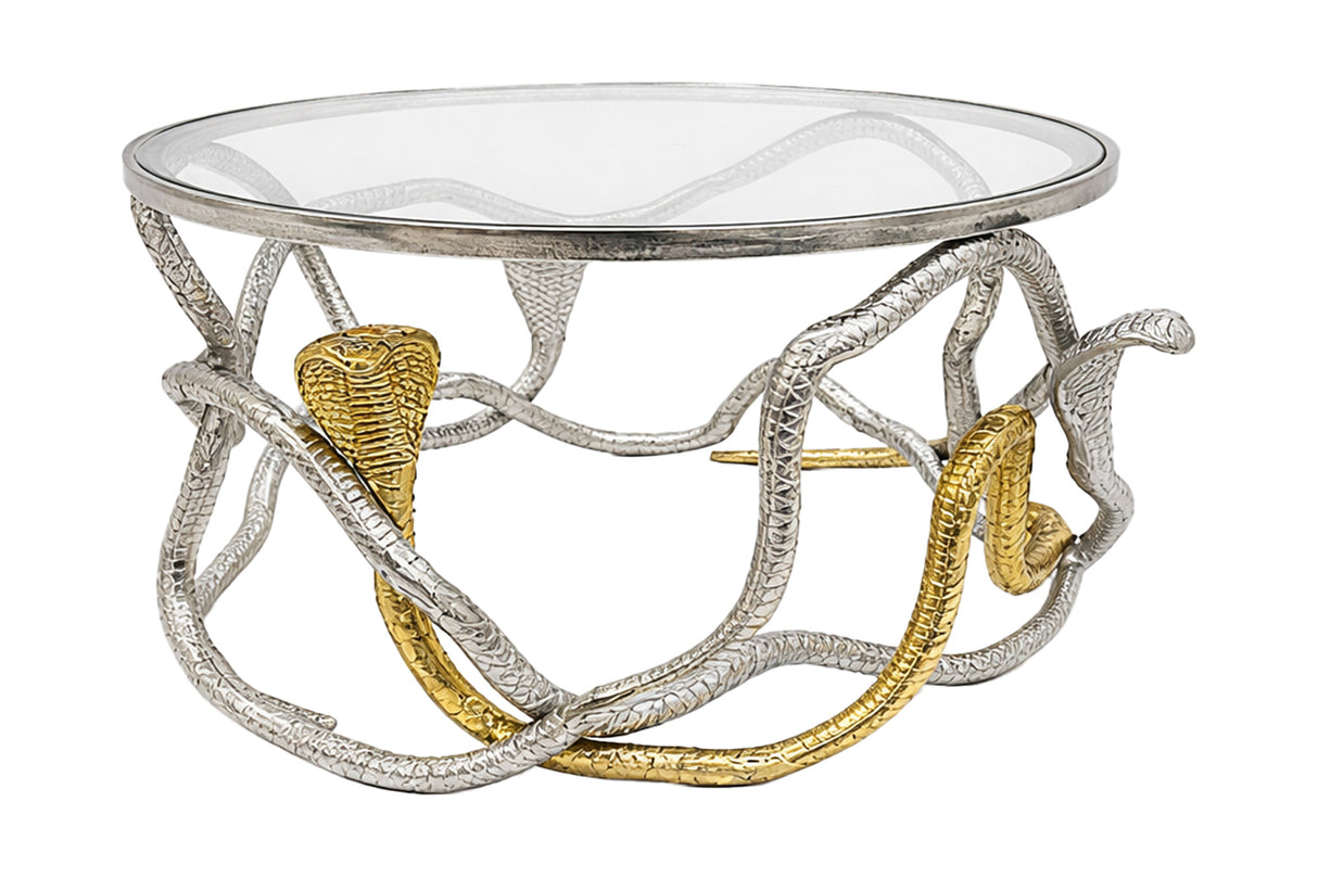 Coffee table COBRA 70 cm silver gold with glass plate