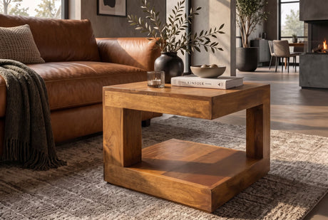 Coffee table GIANT 45cm w/ open storage shelf mango wood brown honey finish