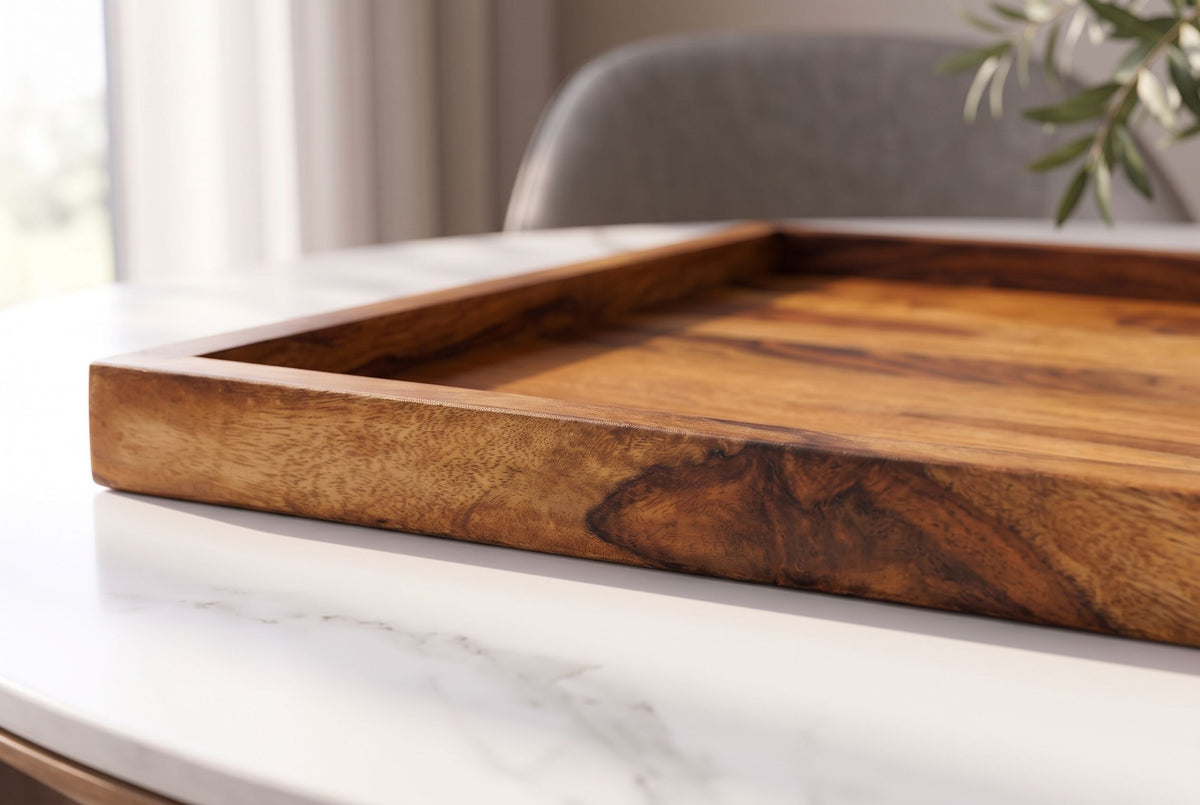 Tray MAKASSAR 50cm w/ raised edge sheesham wood brown stone finish