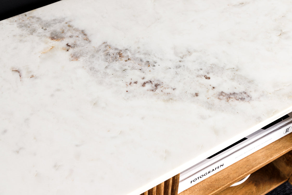 TV-Board TRES CHIC 140cm mango wood natural w/ white marble top and golden handles
