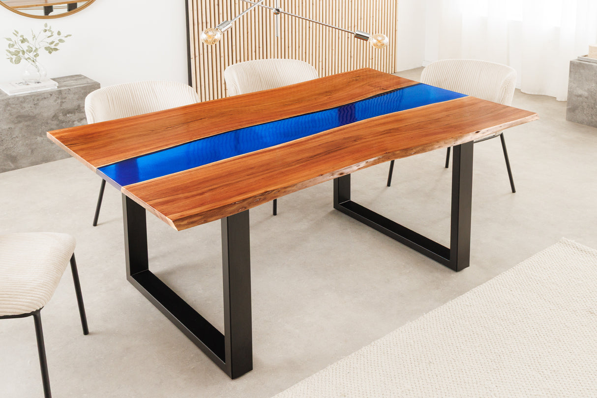 Dining table LIQUID 160cm acacia wood blue epoxy strip