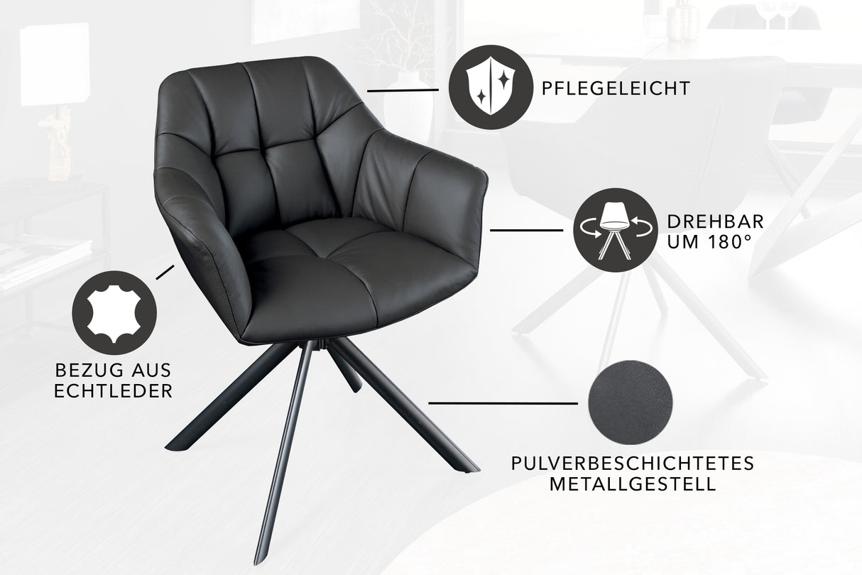 Swivel chair PAPILLON rotatable 180° with armrests leather black