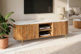 TV-Board TRES CHIC 140cm Mangoholz natur mit weißer Marmorplatte und goldenen Griffen