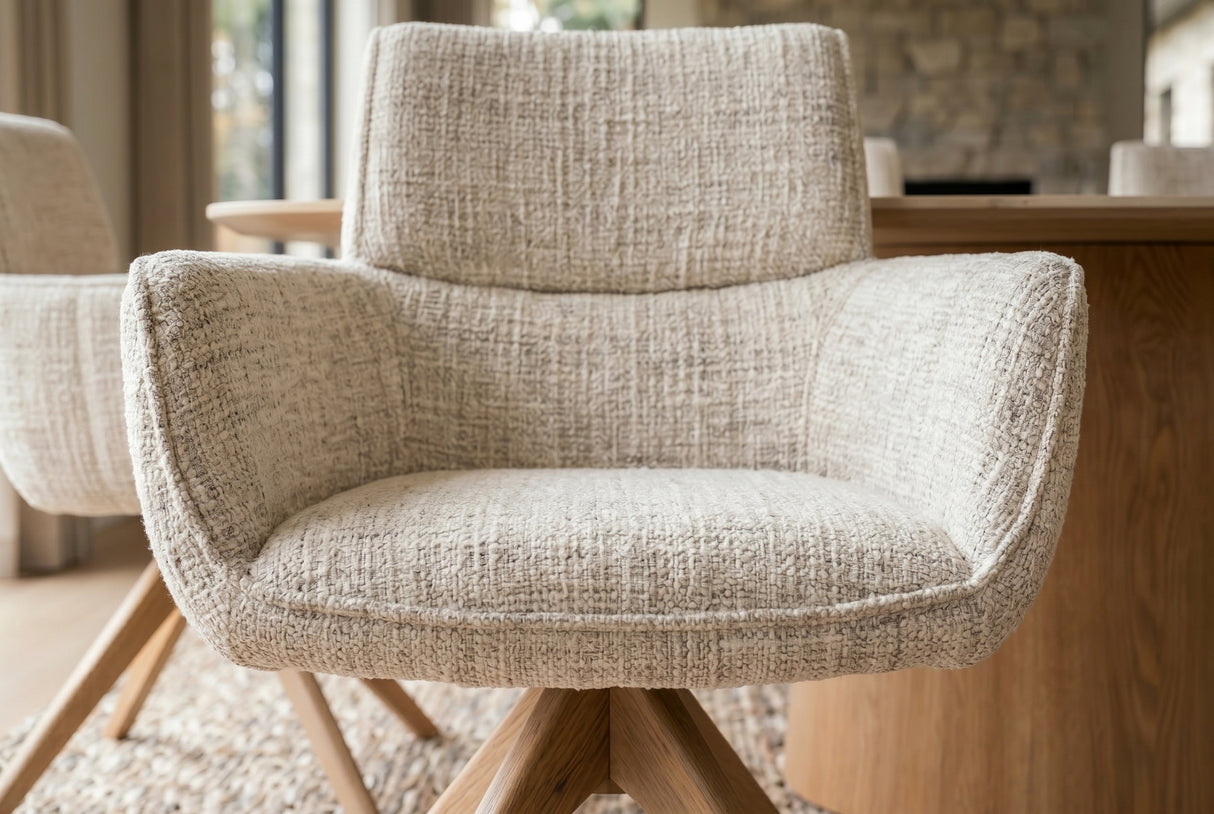Swivel chair UNIQUE 180° auto-return w/ armrests chenille fabric beige natural
