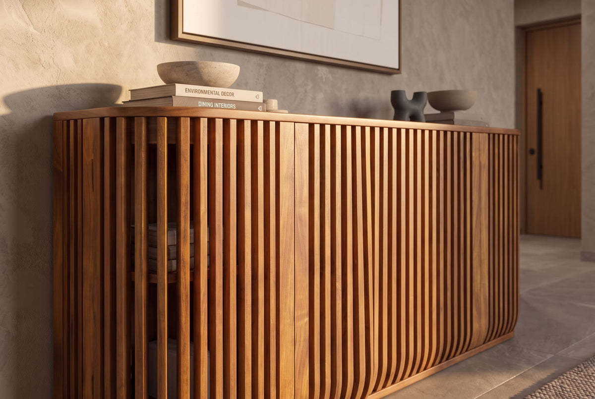 Sideboard SCULPTURA 170cm offene Lamellenfront abgerundete Kanten Mangoholz braun