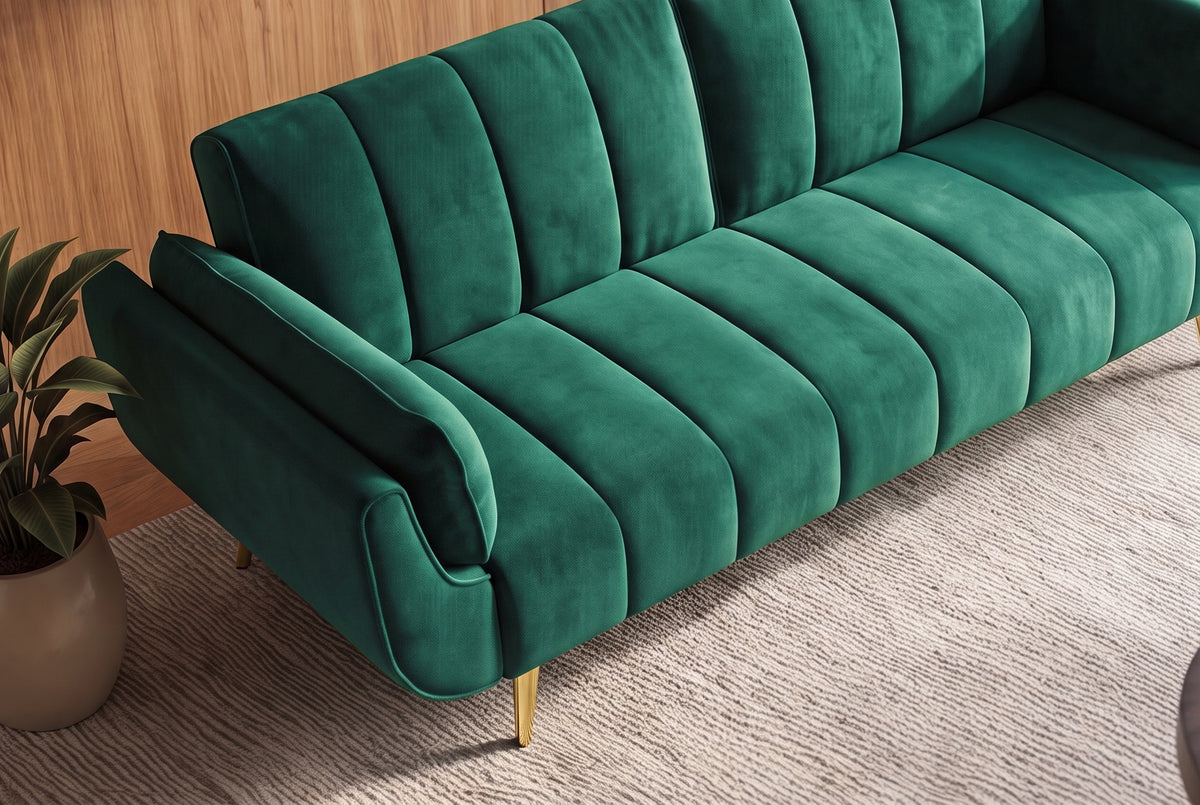 Sofa bed DIVANI 220cm 3-seater w/ armrest cushions velvet emerald green metal feet gold