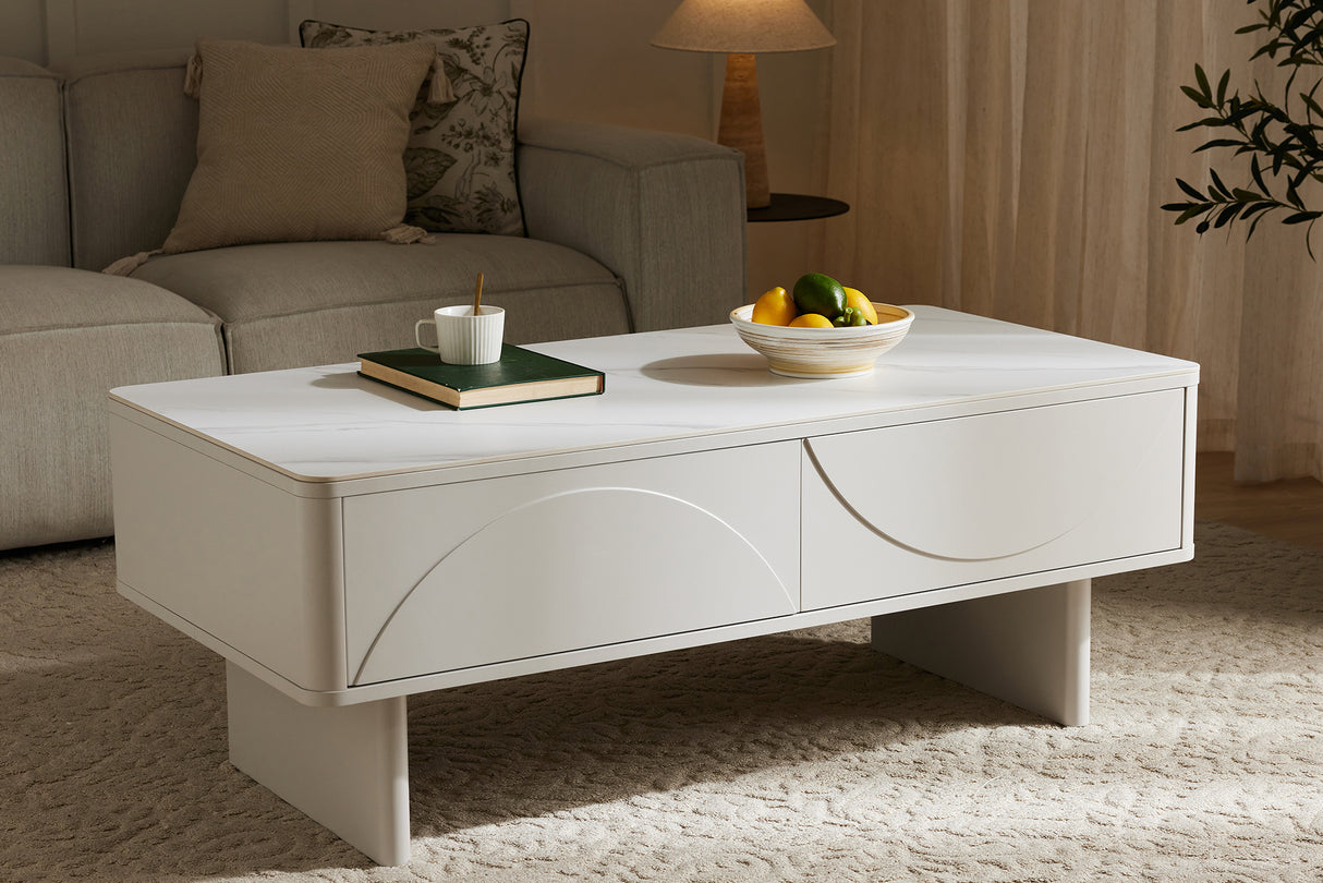 Couchtisch SAVOY 120 cm 3D weiß mit weißer Marmorkeramikplatte