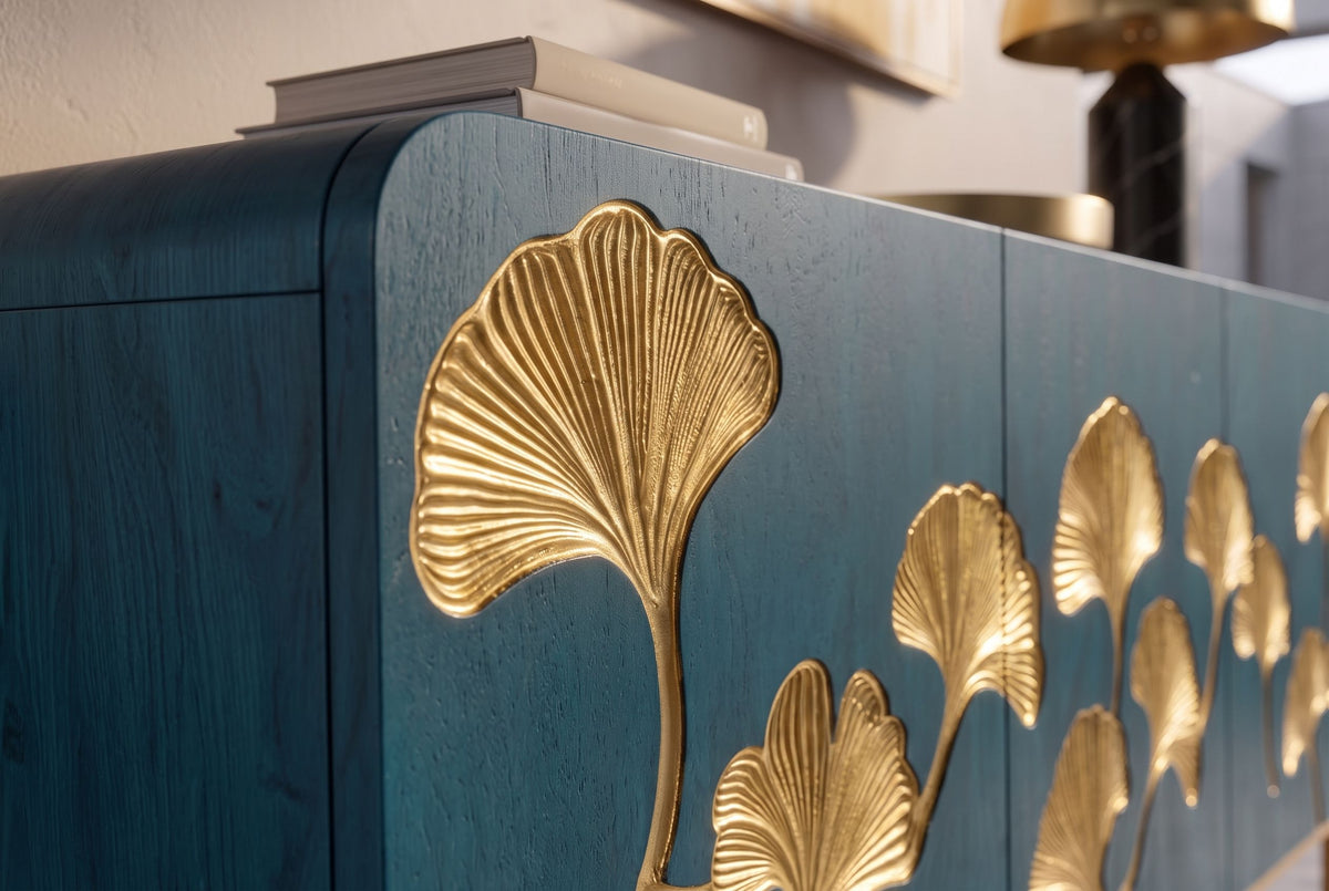 Sideboard GINKGO 160cm ginkgo leaf front mango wood turquoise w/ gold metal frame