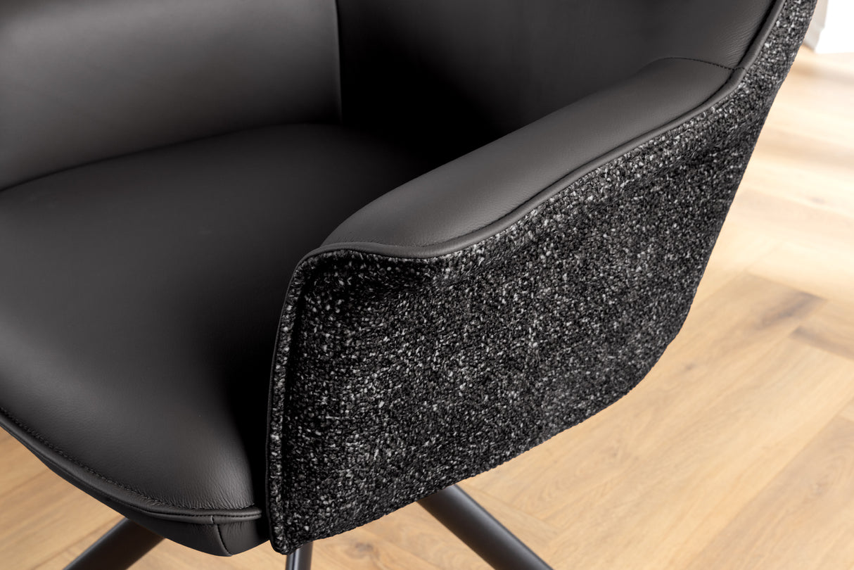 Swivel chair LE GRAND rotatable 180° w/ armrests textured cloth and leather black
