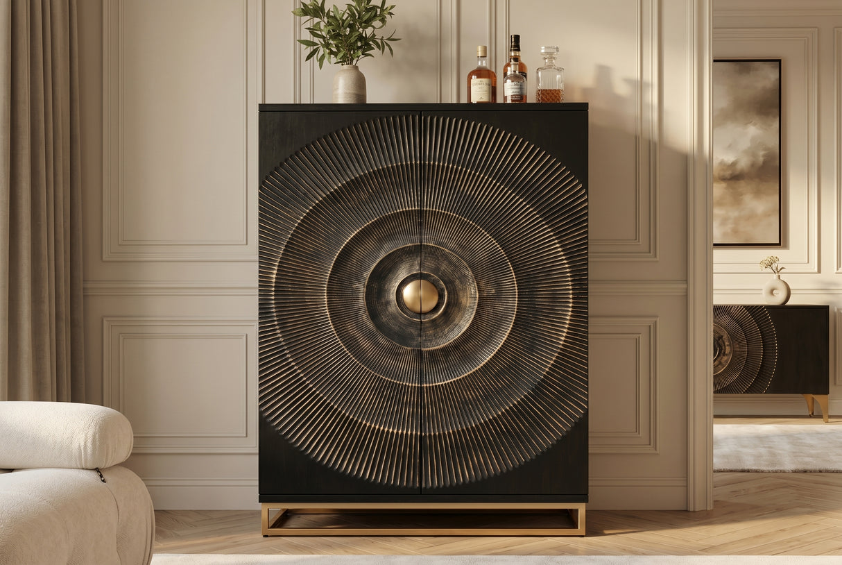 Barschrank GOLDEN SUNSET 140cm 3D Mangoholz schwarz