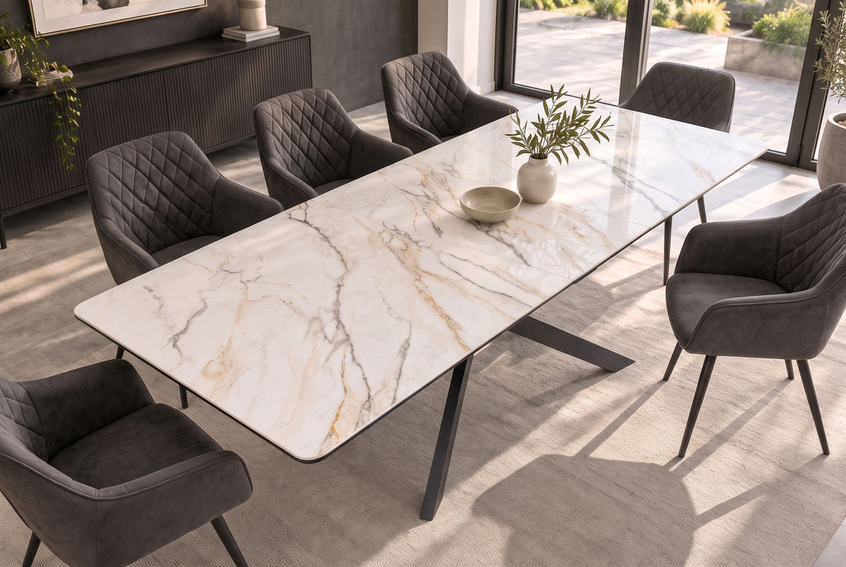 Esstisch ALPINE 160-200cm ausziehbar, Calacatta Oro Keramik in Marmoroptik, weiß mit schwarzem Sternenfuß