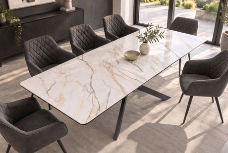 Dining table ALPINE 160-200cm extendable calacatta oro ceramic marble look white w/ black frame