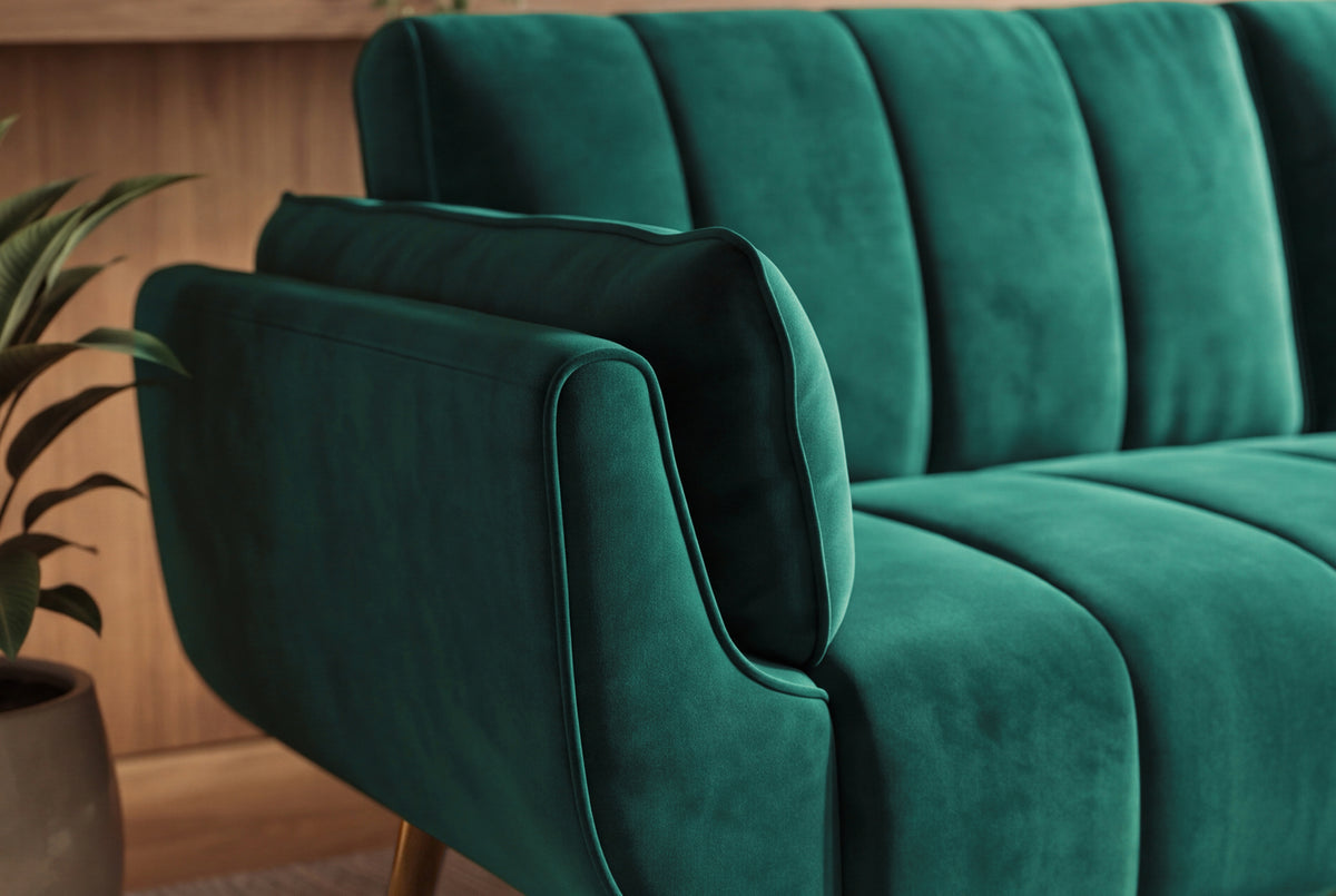 Sofa bed DIVANI 220cm 3-seater w/ armrest cushions velvet emerald green metal feet gold