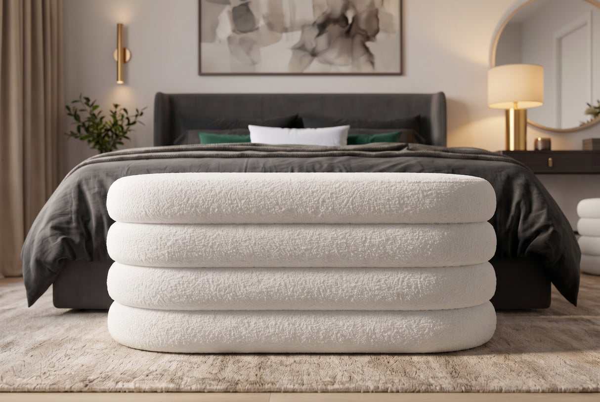 Bench chest VOGUE 85cm oval upholstered w/ storage space bouclè white