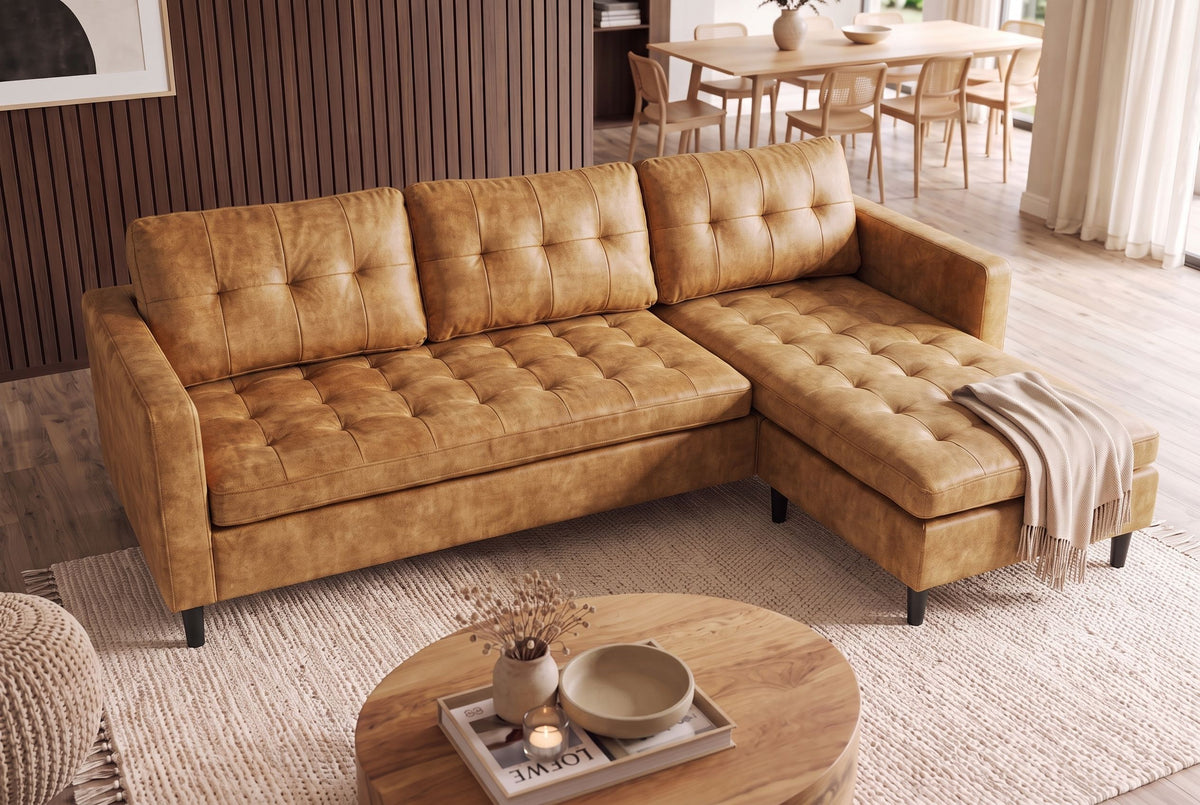 Corner sofa STOCKHOLM 220cm 3-seater w/ ottoman button tufted look velvet mustard yellow