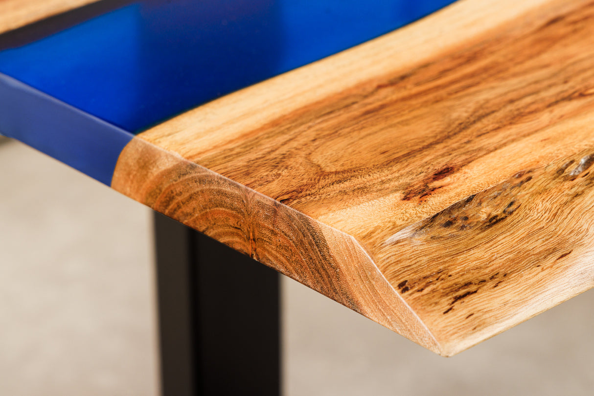 Coffee table LIQUID 110cm acacia wood blue epoxy strip