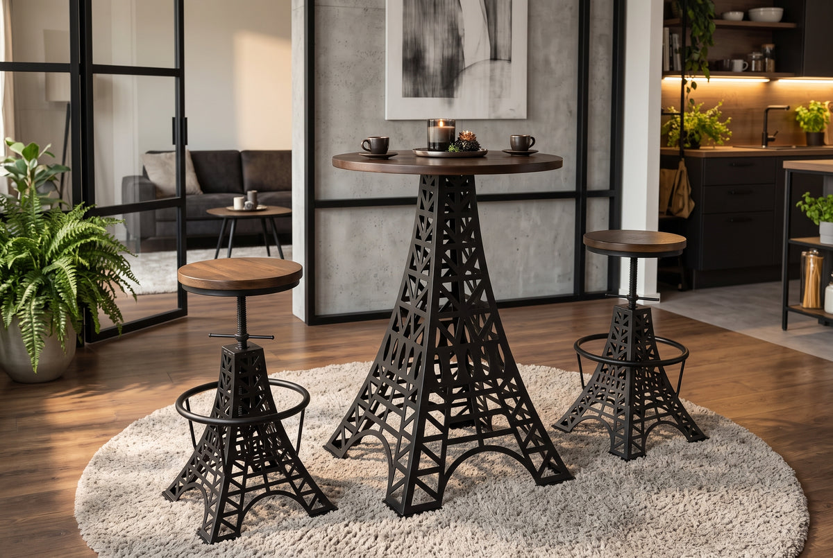 Bar table PARIS LOFT 105cm Eiffel Tower design mango wood dark brown black
