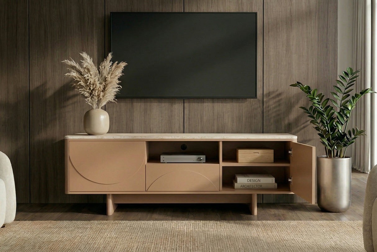 TV-Wand SAVOY 150 cm 3D Natur mit Travertin-Marmor-Keramikplatte