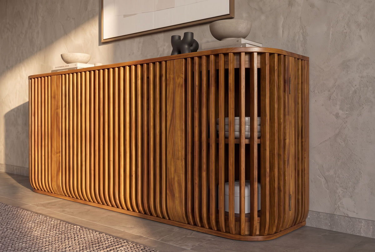 Sideboard SCULPTURA 170cm offene Lamellenfront abgerundete Kanten Mangoholz braun