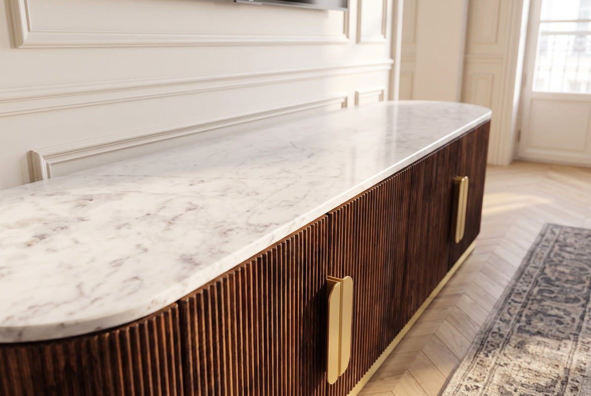 TV-Board GATSBY 170cm Retro Stil Mangoholz Marmorplatte weiß braun gold