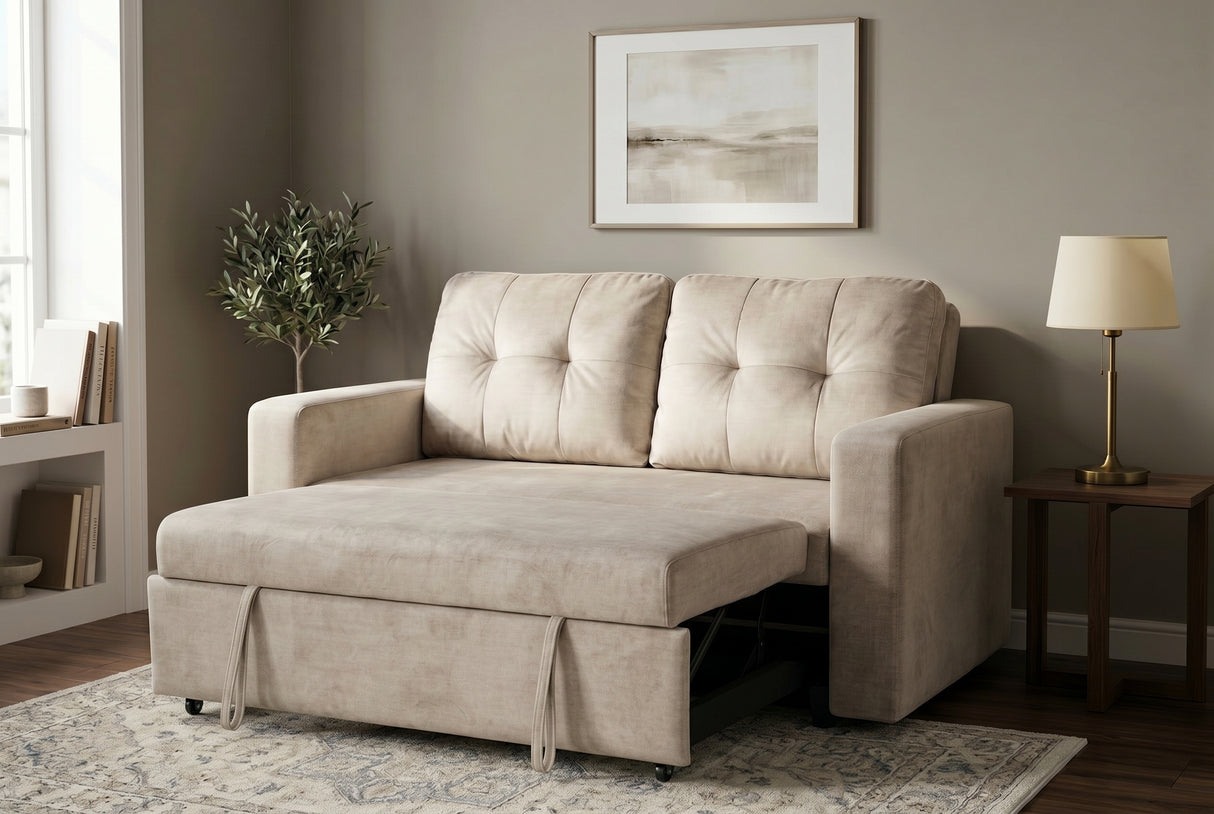 Sofa bed SMART 140cm 2-seater velvet champagne beige