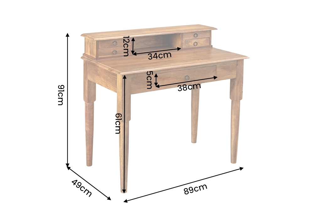 Davenport Schreibtisch HEMINGWAY 90cm mit Schubladen und offenem Ablagefach Mangoholz braun honigfarbenes Finish
