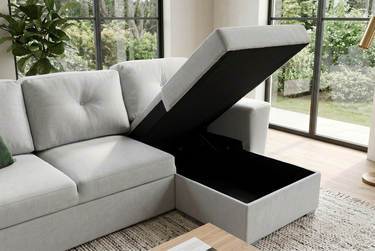 Sofa bed APARTMENT 245cm 3-seater w/ ottoman and storage space textured fabric beige