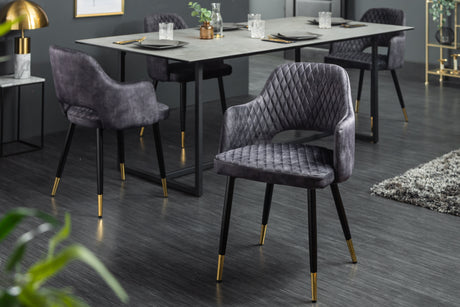 Chair PARIS w/ armrests velvet with decorative quilting grey