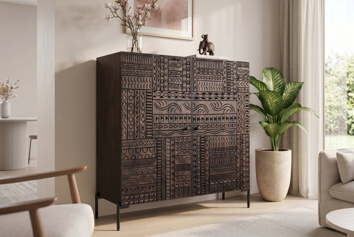 Highboard TRIBAL 120cm 3D antique look mango wood dark brown