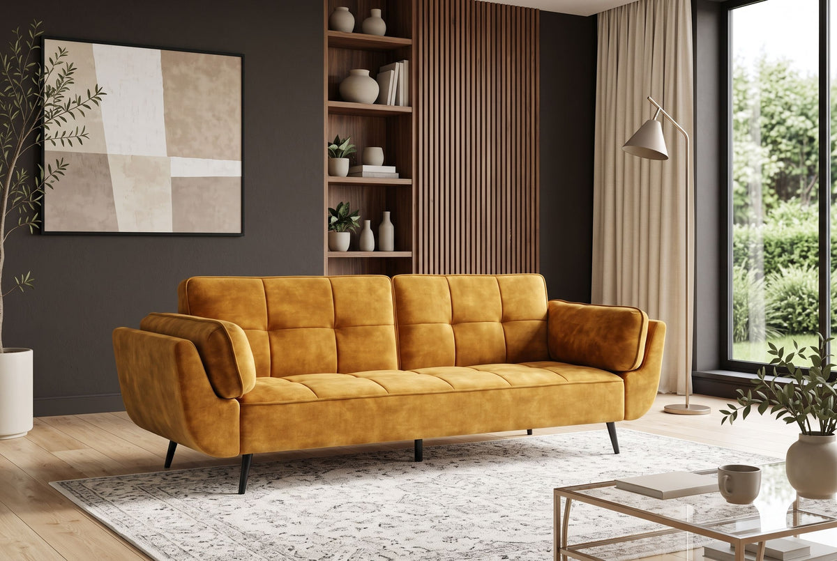 Sofa bed BOUTIQUE 215cm 3-seater w/ armrest cushions square quilting vogue velvet mustard yellow