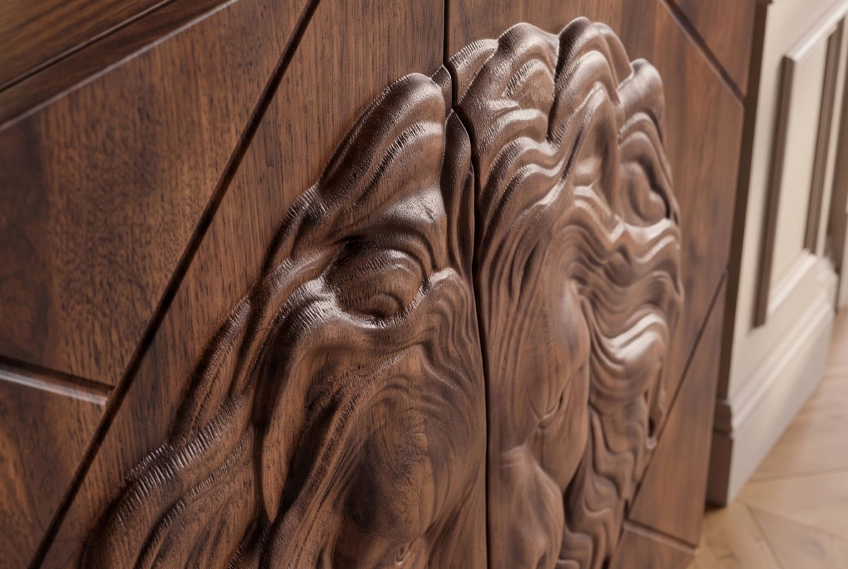 Highboard LION 120cm 3D lion front mango wood brown w/ gold metal frame