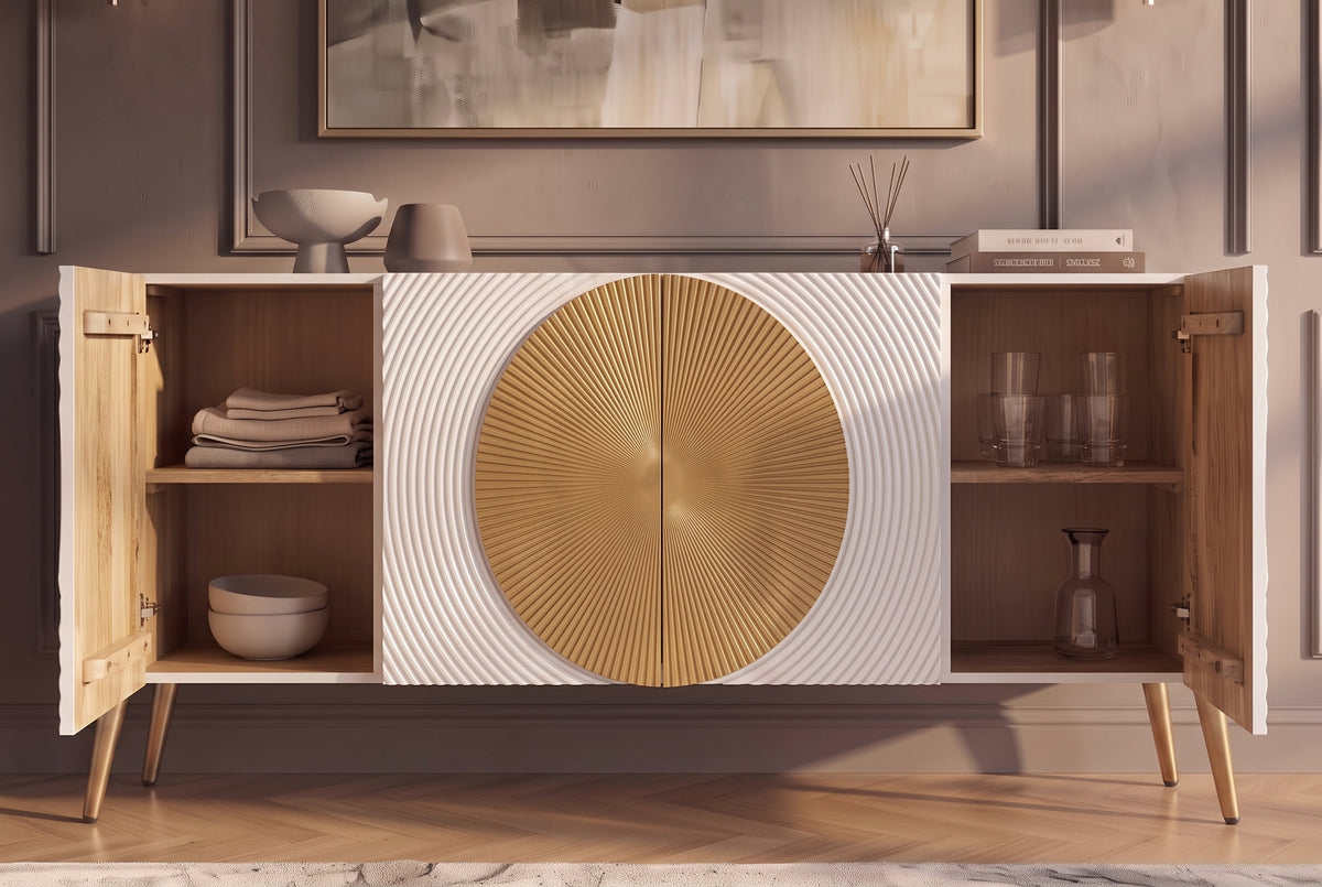 Sideboard AURUM 180cm textured front gold circle accent mango wood white gold metal feet