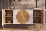 Sideboard AURUM 180cm textured front gold circle accent mango wood white gold metal feet