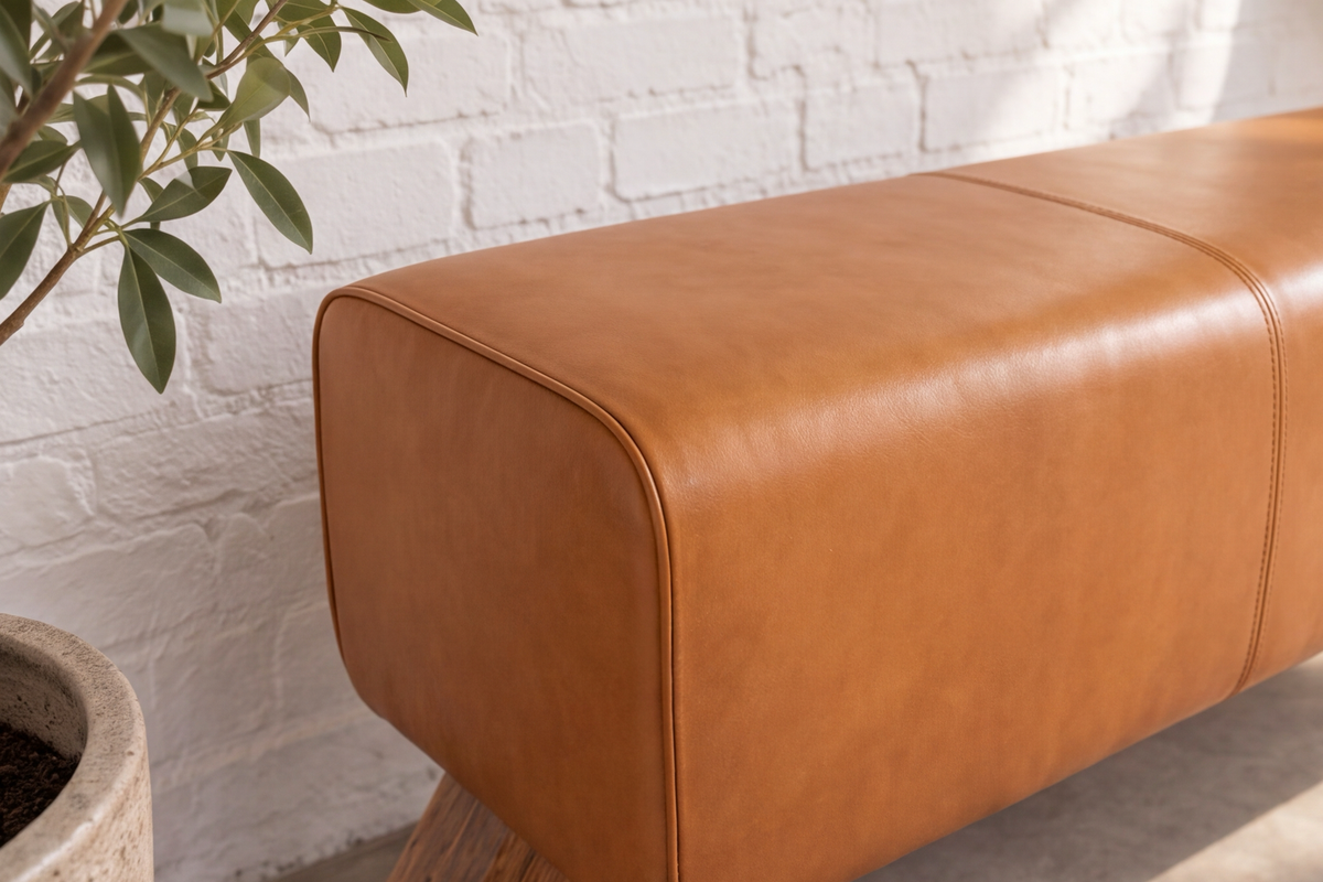 Bench TURNBOCK 120cm mango wood genuine leather cognac brown