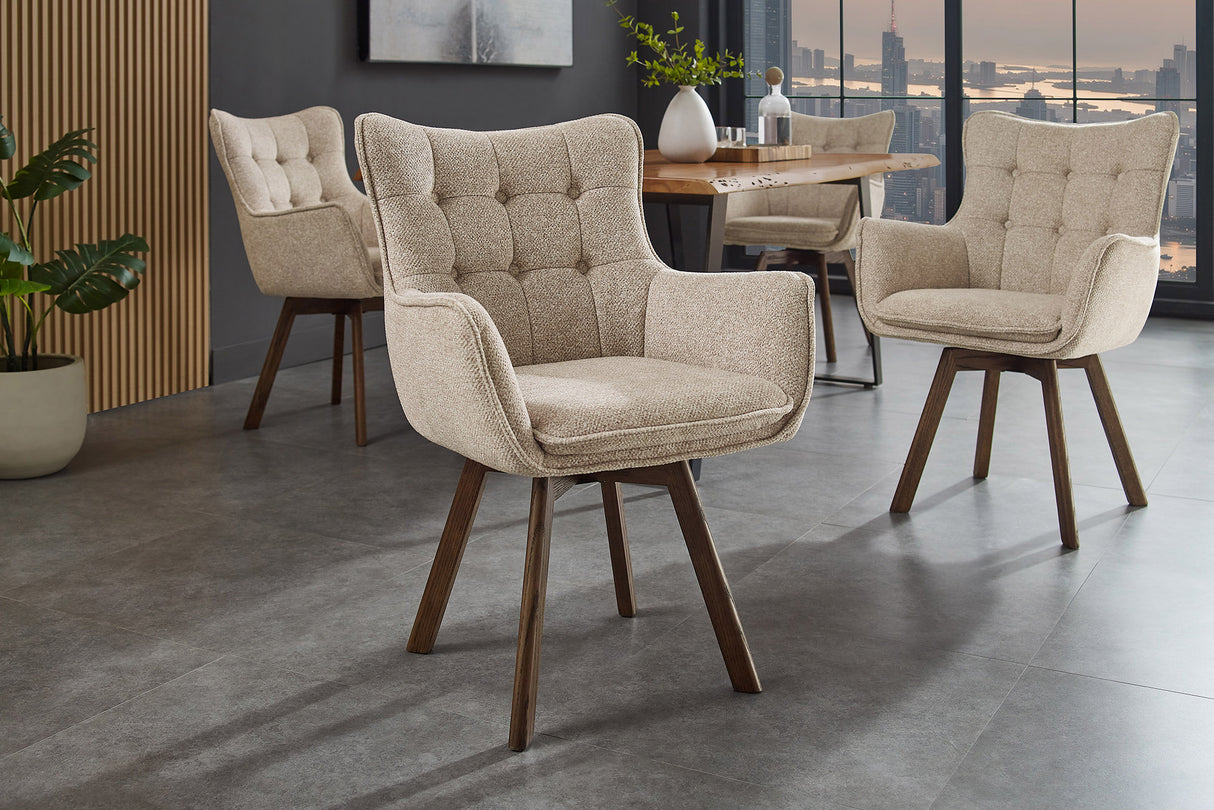 Drehstuhl THOR 360° mit Armlehnen Strukturstoff hellbeige mit Gestell Eiche dunkel natur
