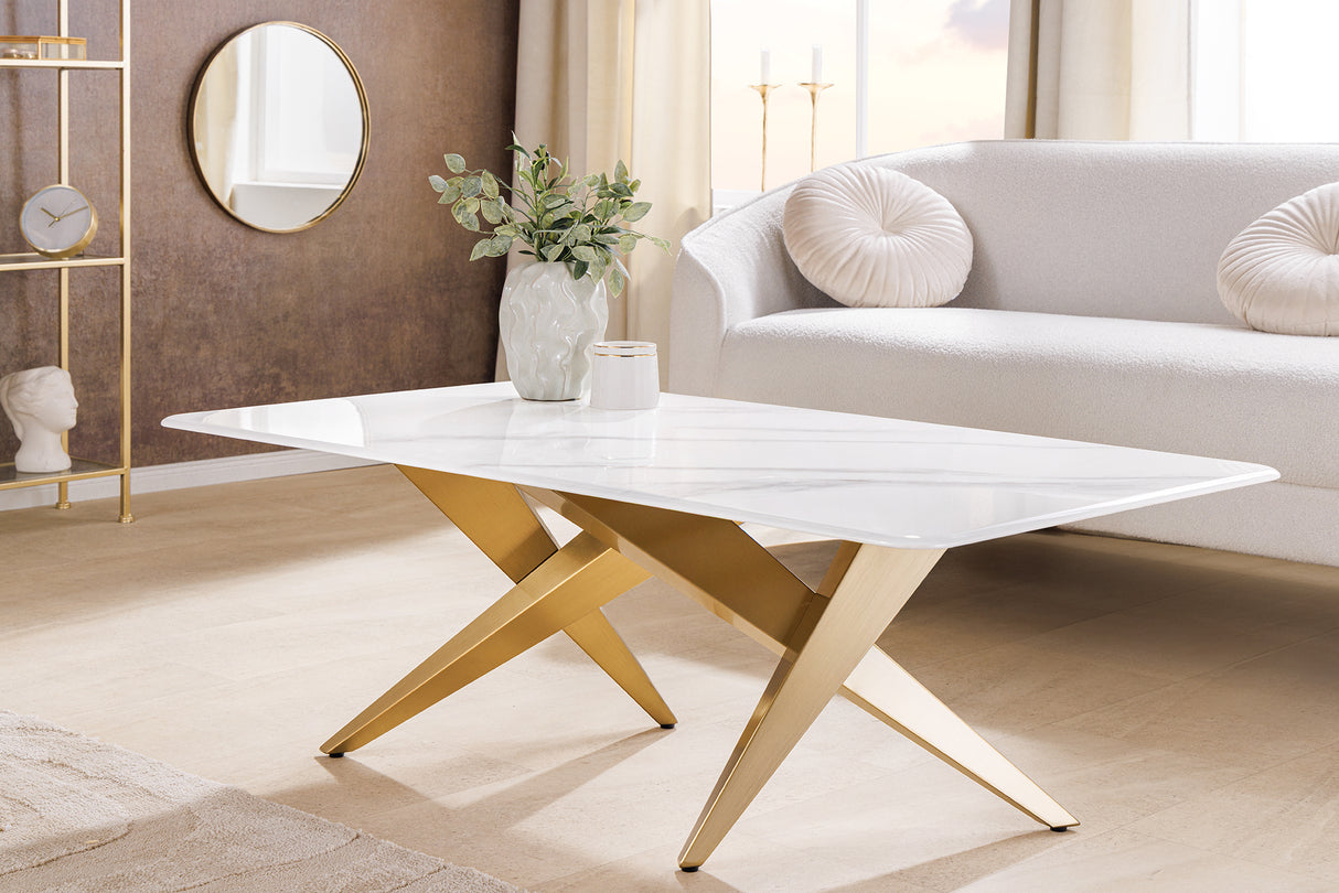 Couchtisch ART LIVING 130cm Keramikplatte aus weißem Marmor mit champagnergoldenem Rahmen