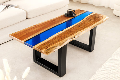 Coffee table LIQUID 110cm acacia wood blue epoxy strip
