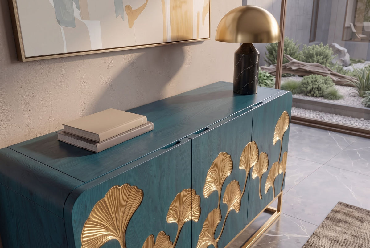 Sideboard GINKGO 160cm ginkgo leaf front mango wood turquoise w/ gold metal frame