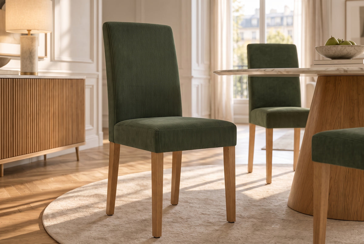 Stuhl GENUA Cord grün mit Kautschukholz-Beinen
