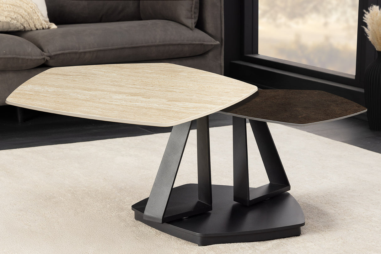 Couchtisch MOVEMENT 80-130cm drehbare Keramikplatte Naturtravertin und Rostoptik