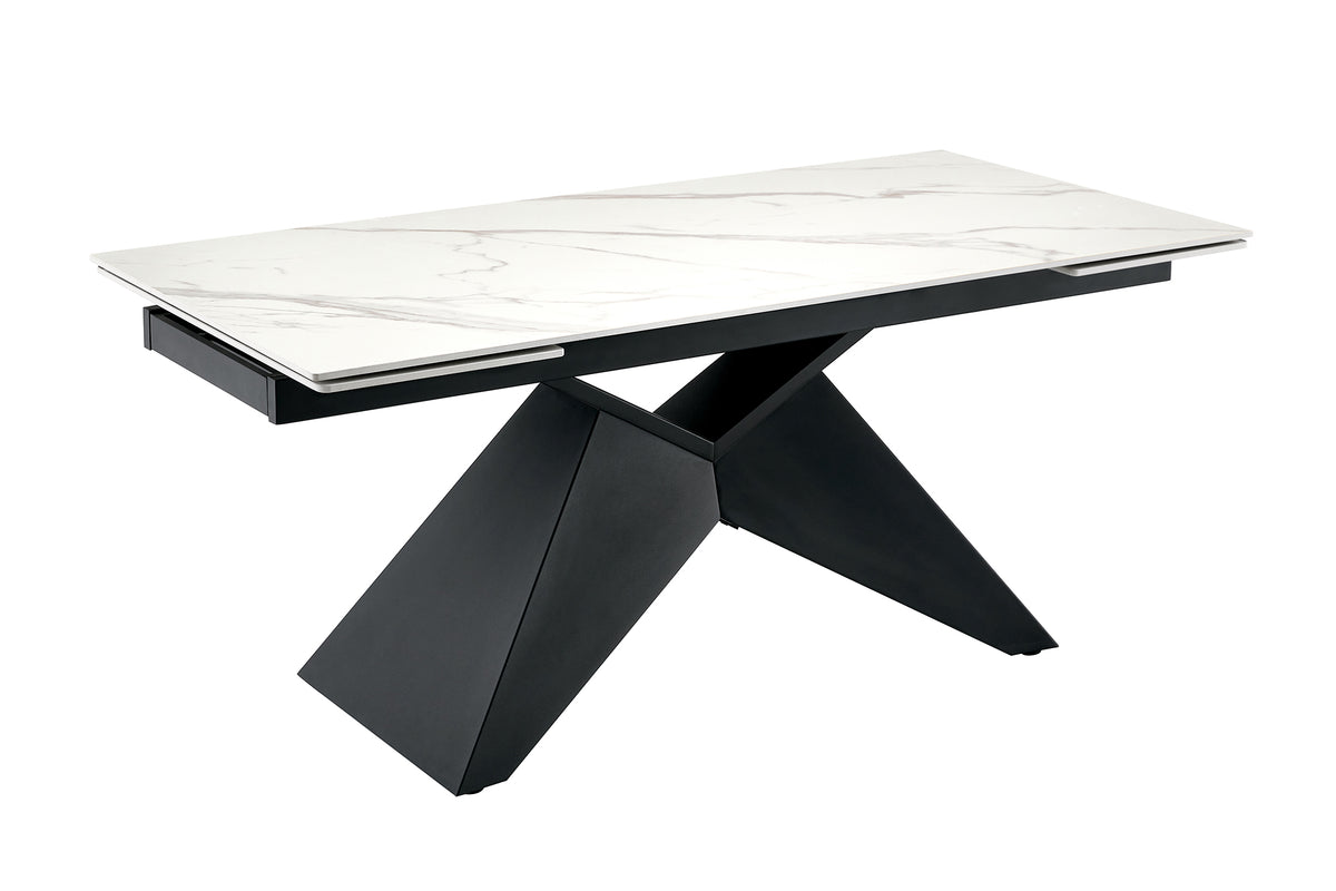 Dining table DIAMOND 180-260cm extendable ceramic matt white marble look w/ geometric black base