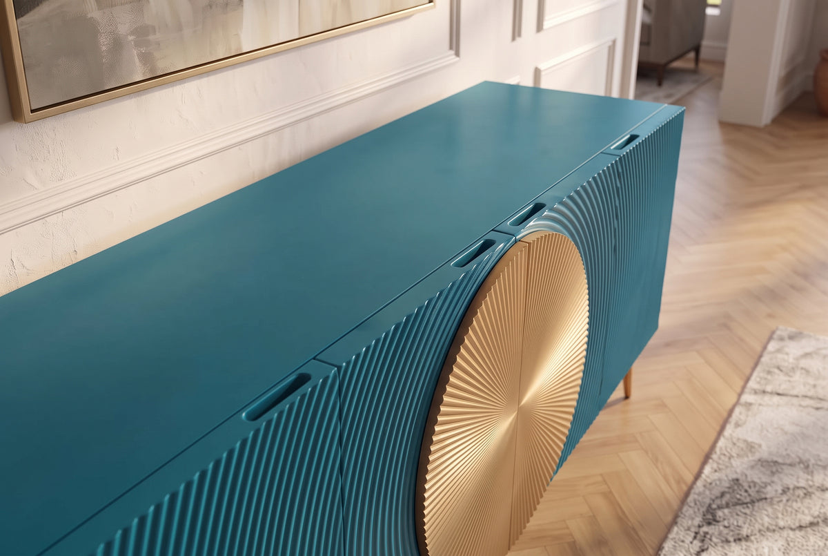 Sideboard AURUM 180cm textured front gold circle accent mango wood turquoise gold metal feet