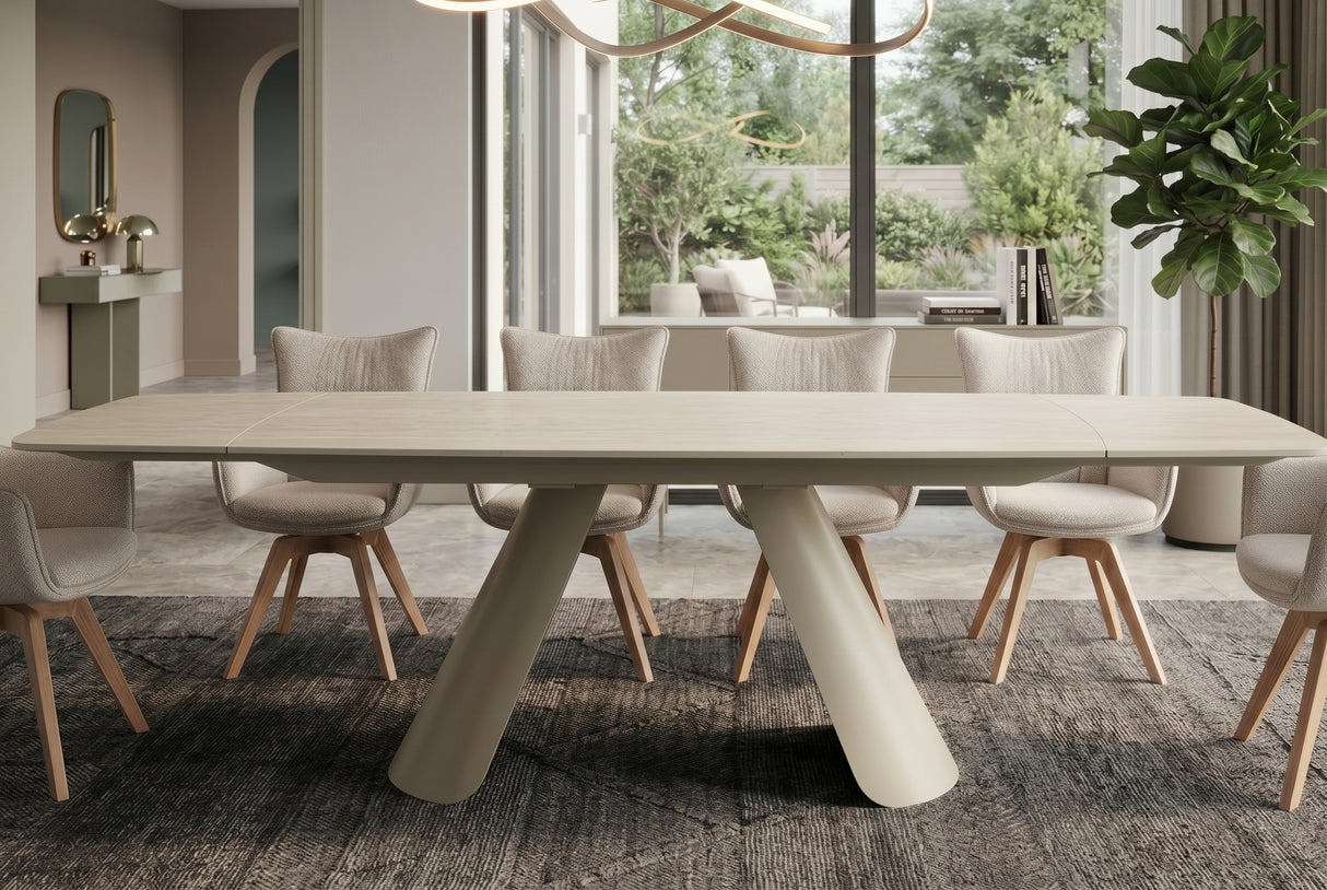 Dining table VOGUE 160-240cm extendable w/ metal frame travertine ceramic top champagne greige beige