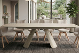 Dining table VOGUE 160-240cm extendable w/ metal frame travertine ceramic top champagne greige beige