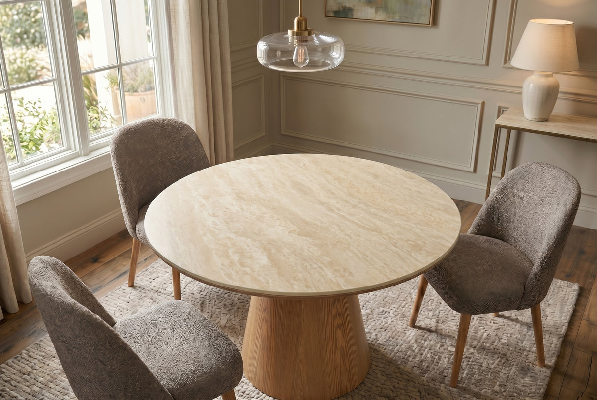 Dining table UNIQUE 120cm round oak wood verneered w/ ceramic top travertine stone