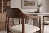 Chair KENNEDY upholstered seat w/ armrests recyled pine wood brown smoke and textured fabric creamy