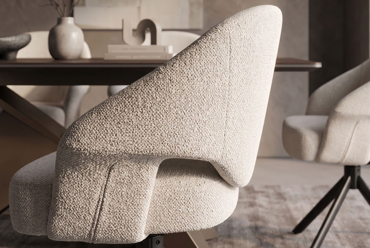 Drehstuhl BELLAGIO 180° Auto-Return-Funktion mit Armlehnen Rückenlehnenaussparungen Chenille beige Metallgestell schwarz