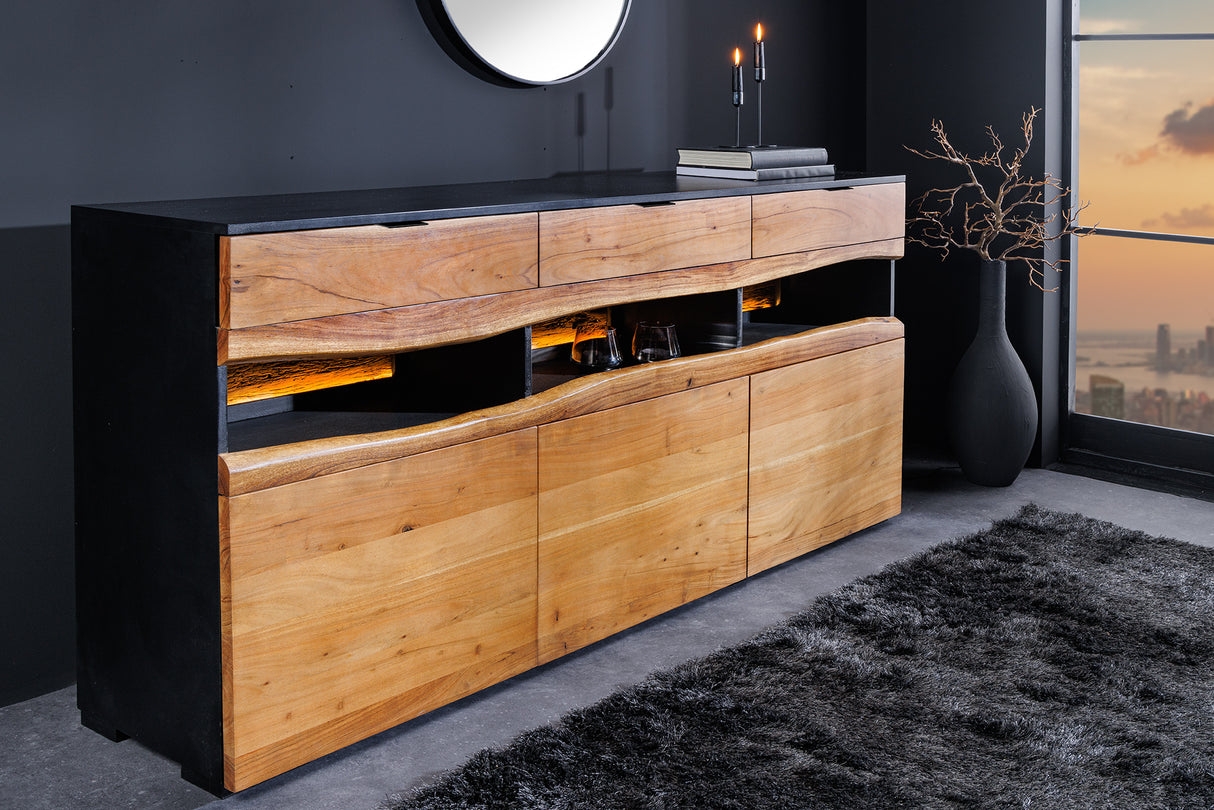 Sideboard GRAND ACACIA 180 cm Akazienholz, naturbelassene Kante, mit LED-Beleuchtung